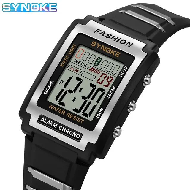 SYNOKE Men Prostokątny sportowy elektroniczny zegarek wodoodporny 50m lampka nocna duży ekran budzik Trend w stylu retro