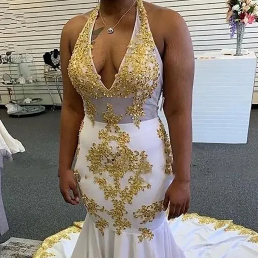 Sleeveless Backless Mermaid Elastic Satin Halter Gold Applique Beaded Sequins Evening Dresses White Prom Gown Party New Custom