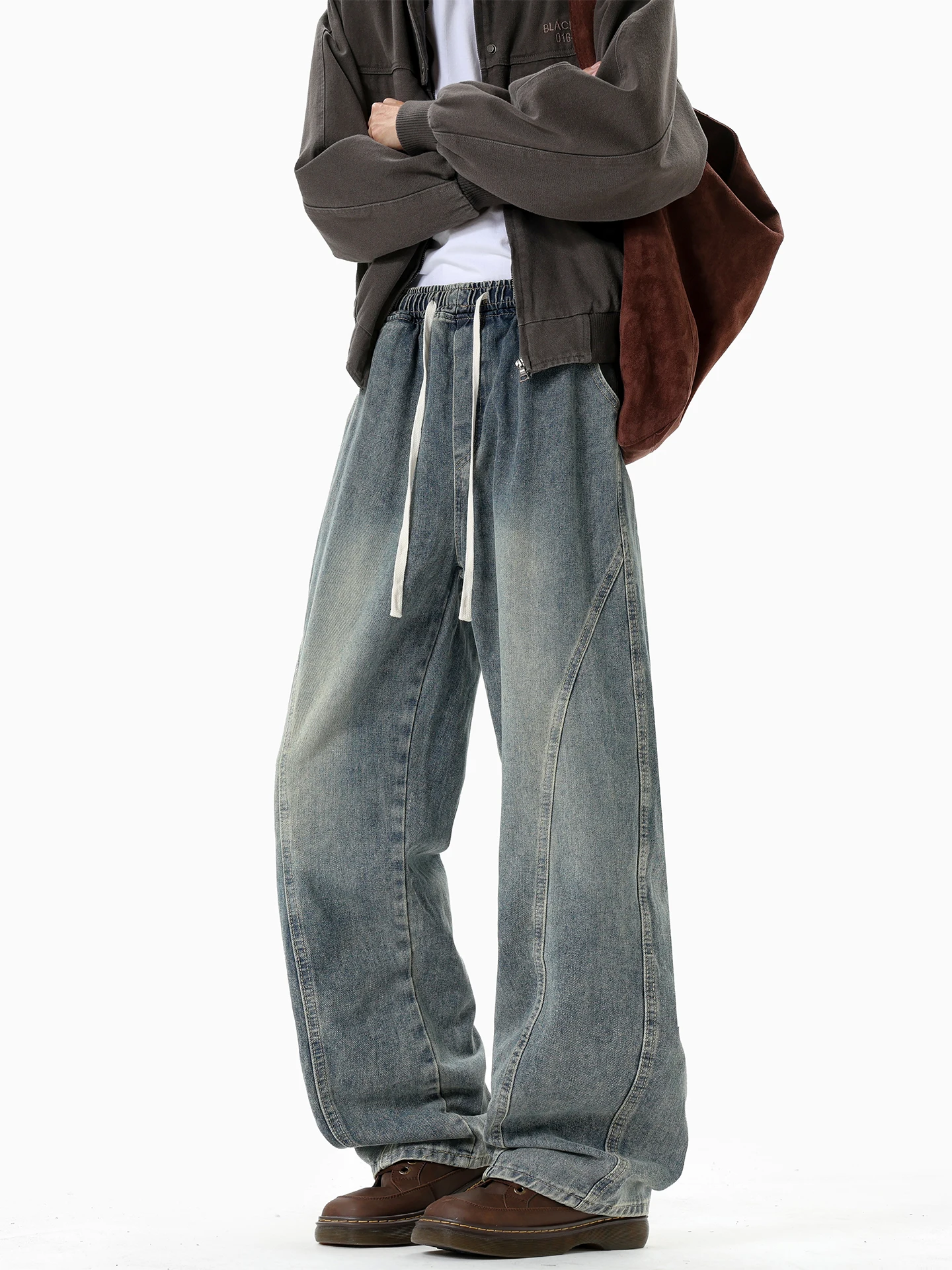 

Retro American Sle Loose Fit Straight Leg Casual Jeans Men's Faion High Street Lazy Sle Knife Design Autumn Wear