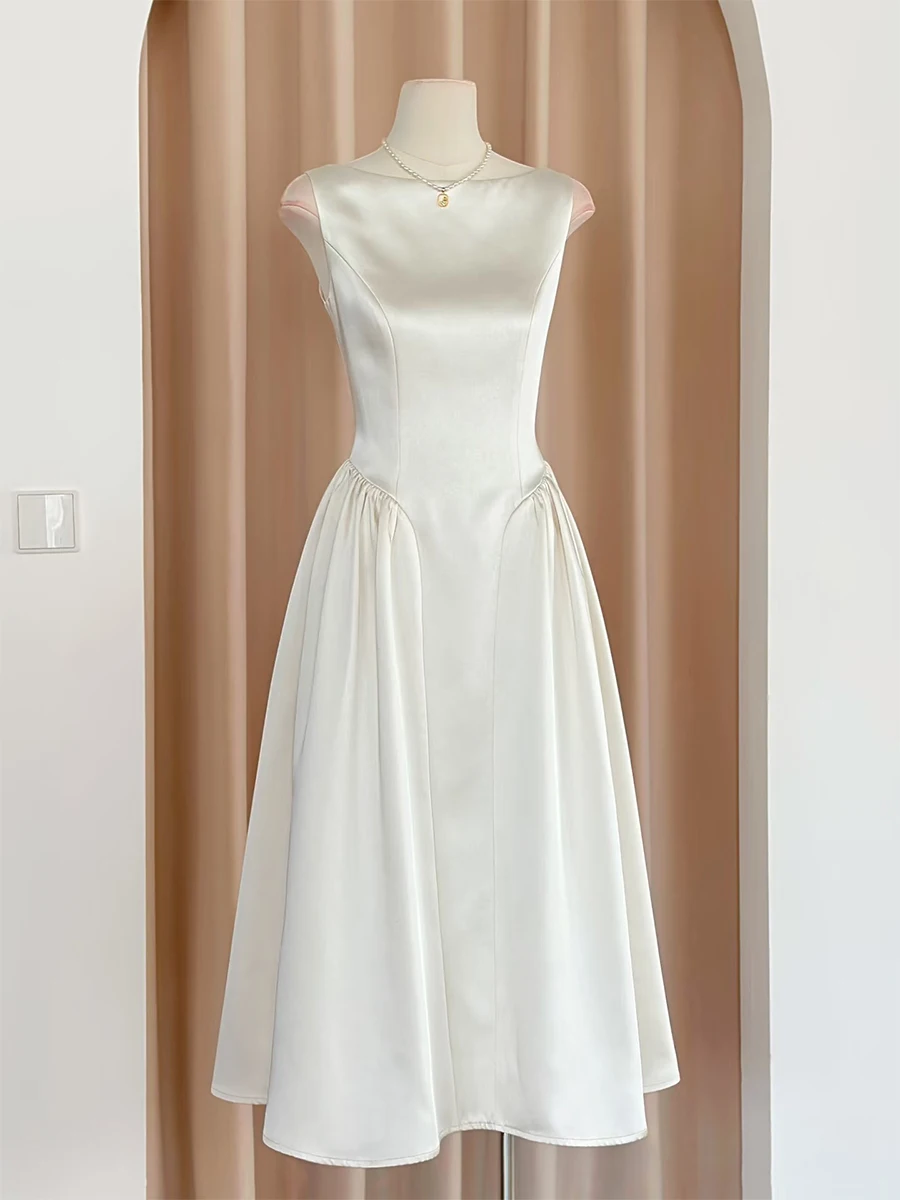 

White A-Line Sleeveless Slimming Dress High Waist French Style Summer New Arrival Elegant Goddess Skirt Long Zipper Back