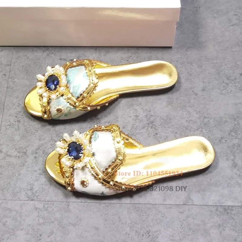لامعة الأزرق جوهرة مختلط اللون المفتوحة تو النعال البغال النساء الانزلاق على أحذية صندل مريحة الصيف