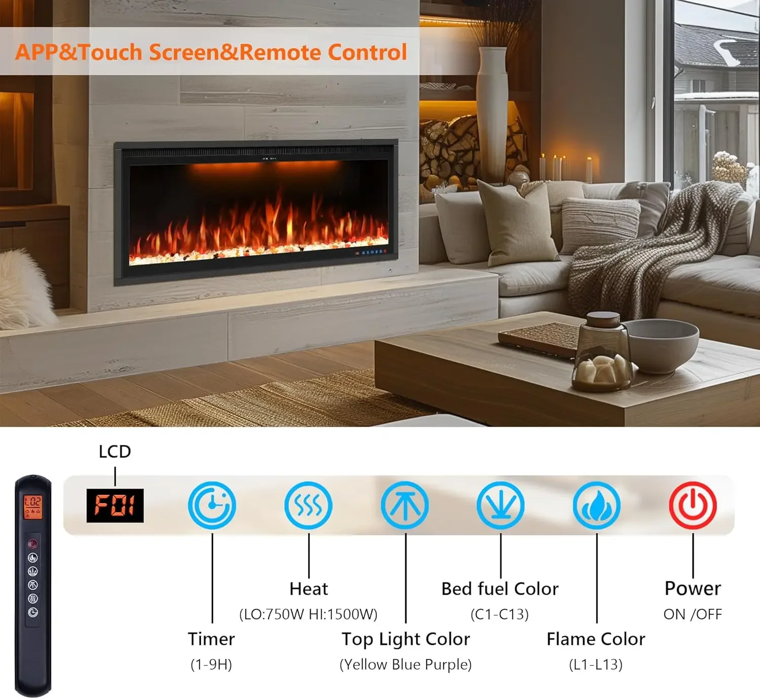 74" Smart Electric Fireplace Inserts,Slim Fireplace with APP Control & Remote Control& Touch Panel,13 Adjustable Flame Color