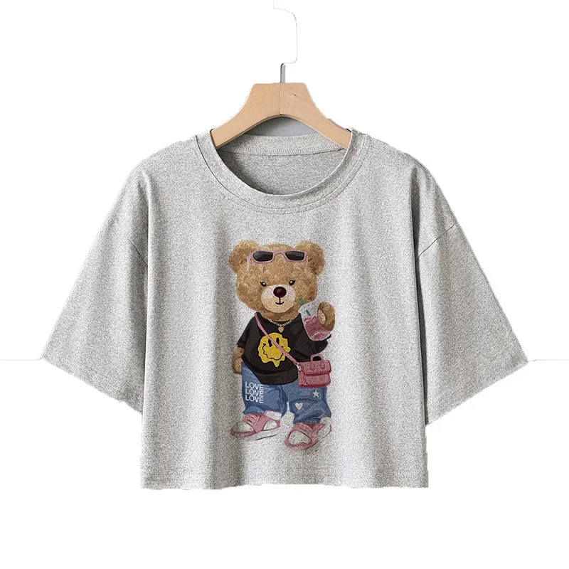

90s bear Print Casual Cropped Crew Neck T-shirt Y2K Short Sleeve Tight Fit Crop Top Spring Summer Women's Clothing