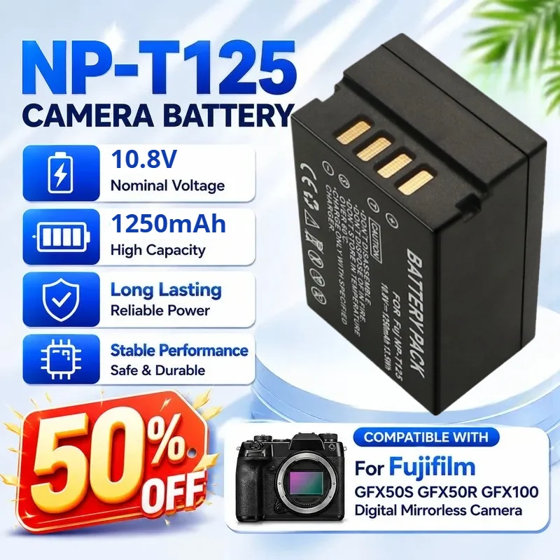 

NP-T125 10.8V 1250mAh Li-ion Camera Battery for Fujifilm GFX50S GFX50R GFX100 Digital Mirrorless Camera Full Decoded