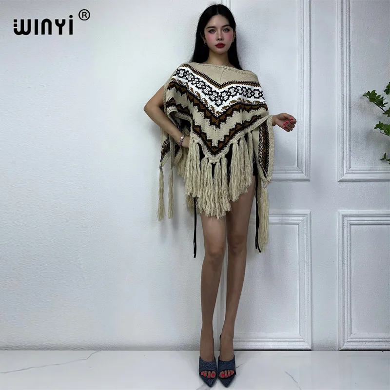 

WINYI Winter cloak High Quality comfortable Thick Warm poncho women Christmas fashion print Tassel cloak capas para mujer dress