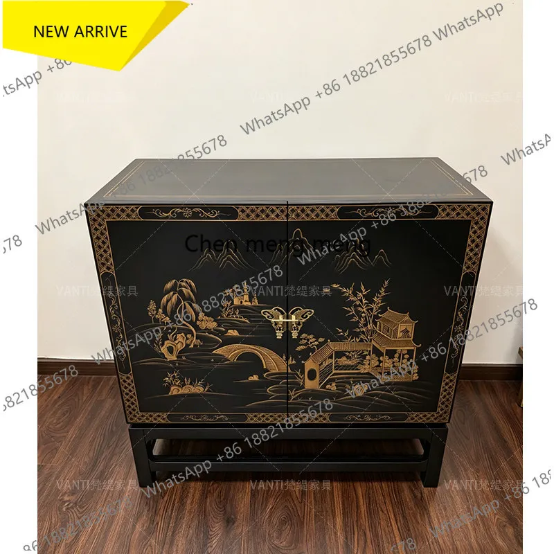 M178 Classical Entrance Cabinet Gold Painted Landscape Painting Double Door Locker French Storage Decorative Cabinet