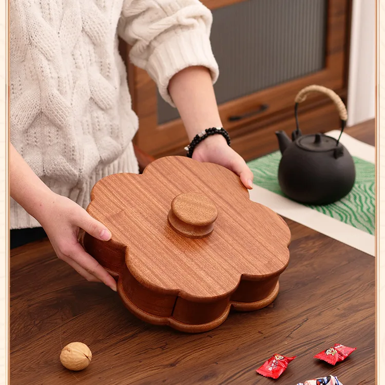 Delicate dried fruit box Home living room coffee table Light luxury retro rotatable solid wood dustproof dried fruit storage box