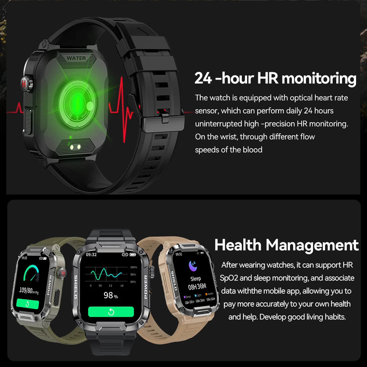Nieuw robuust militair waterdicht slim horloge Heren BT Call Health Monitoring AI Voice Assistant Lange batterijduur Sport Smart Watch