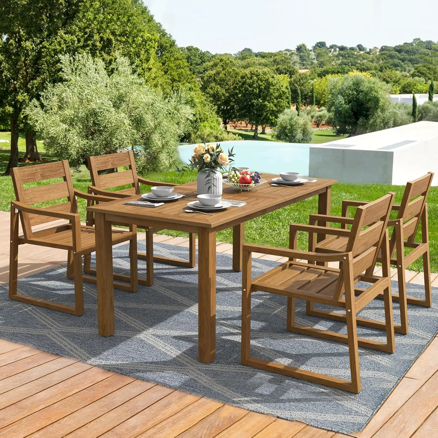 

Patio Furniture Dining Set, 7-Piece, HDPS, Teak Color-Oil Printed, All Weather Outdoor Table and Chairs