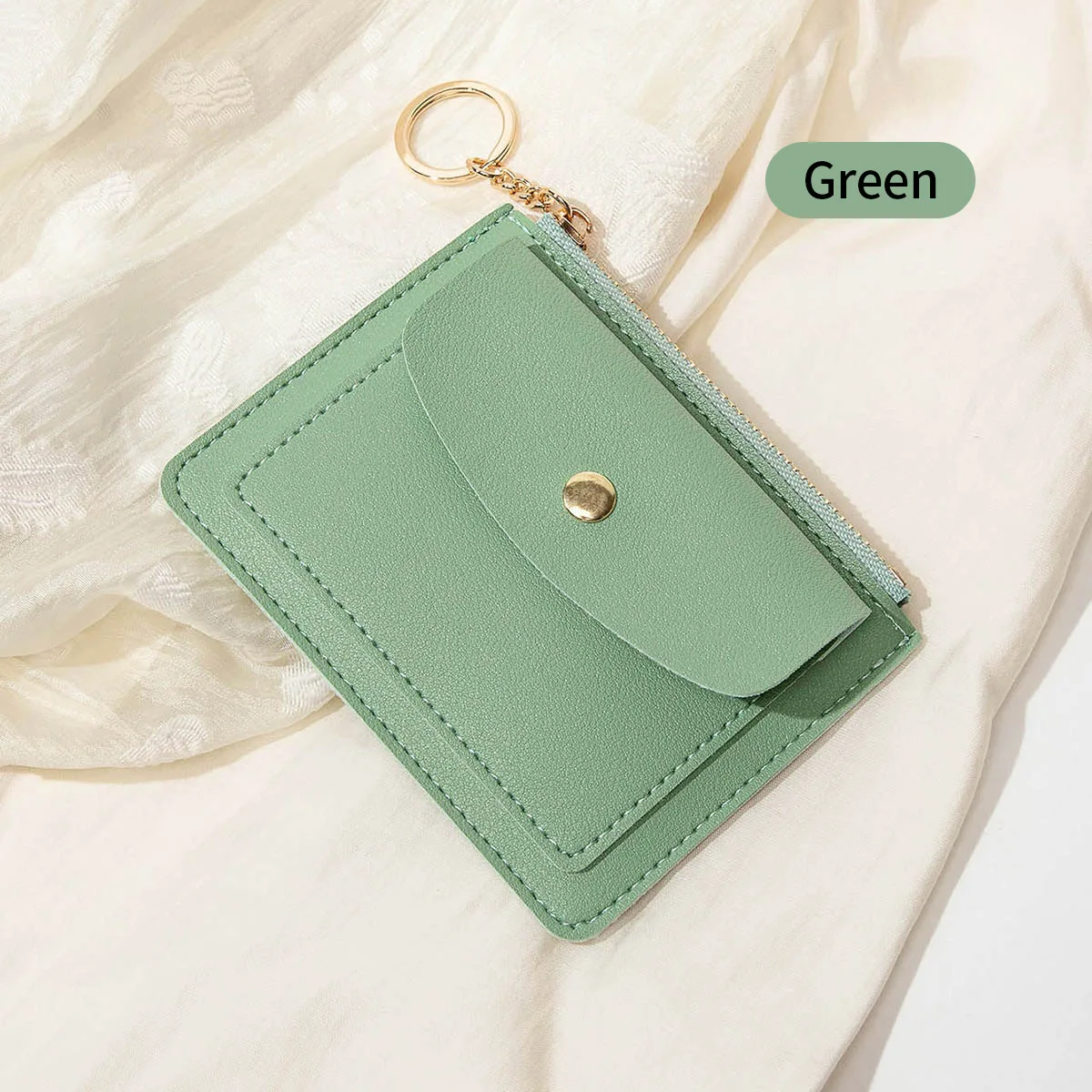 Schlanke grüne PU-Leder-Geldbörse für Damen, Kartenhalter, Schlüsselanhänger, Reißverschluss, als Geschenk, Mini-Münzbörse mit Knopfverschluss und Sichtfenster für Karten – Detail 4