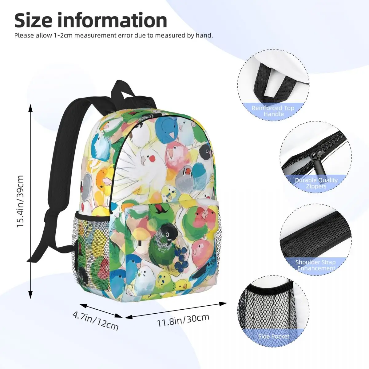 Birds Cockatiel Budgie Parrot Backpack Daypack Large Capacity Boys Girls BookBag Shoulder Bags for Men Women Children School Bag