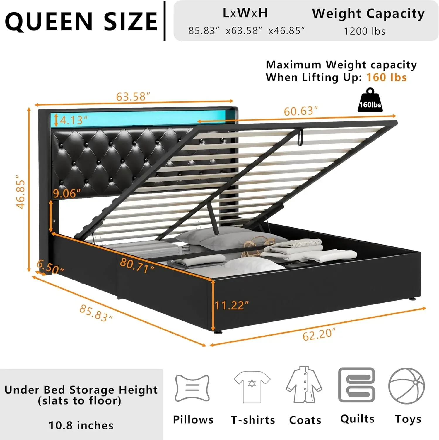 Queen Lift Up Bed Frame with Charging Station&LED Lights,Leather Upholstered Bed with Button Wingback Storage Headboard,Storage