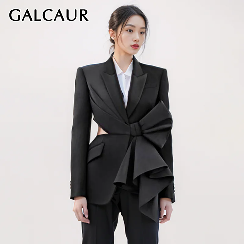 

GALCAUR Streetwear Temperament Blazer For Women Lapel Long Sleeve Hollow Out Patchwork Bowknot Slimming Solid Blazers Female