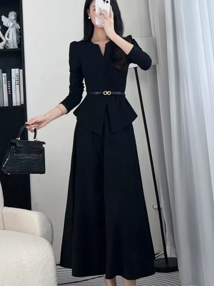 Autumn Winter Women\'s Office Lady Two-piece Skirt Set Solid Long Sleeve Slim Top Midi Skirt Korean Fashion Outfits New Suit