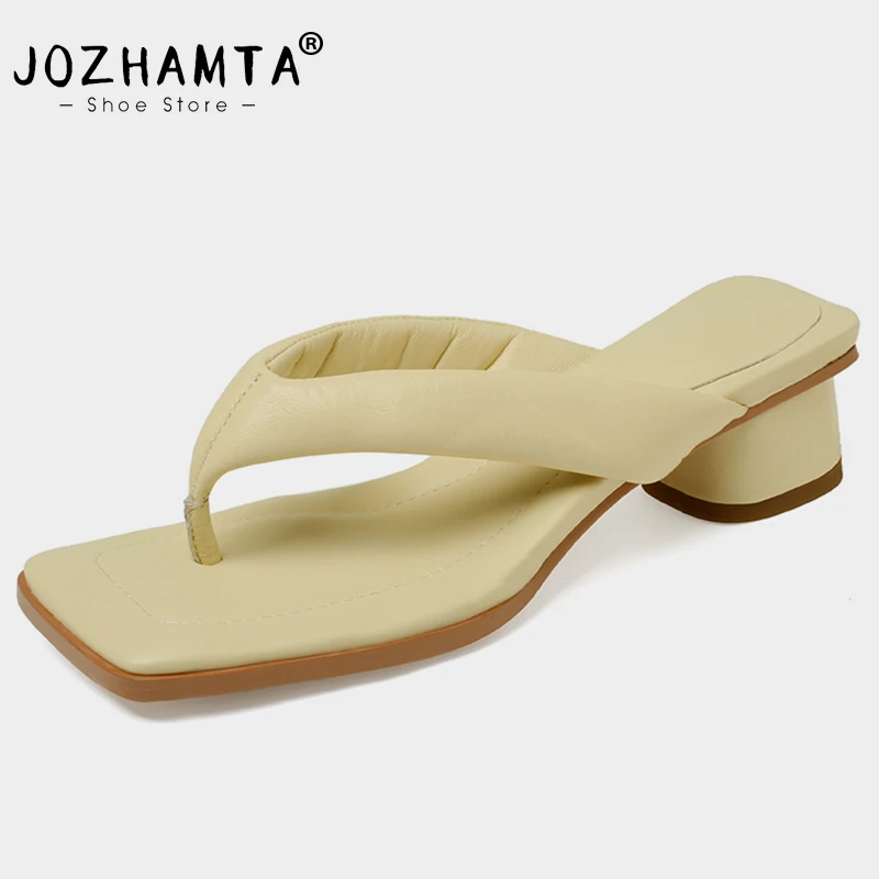 JOZHAMTA Size 33-40 Women Sandals Real Leather Flip Flops Medium Heel Summer Shoes For Women Slippers Casual Home Outdoor Slides