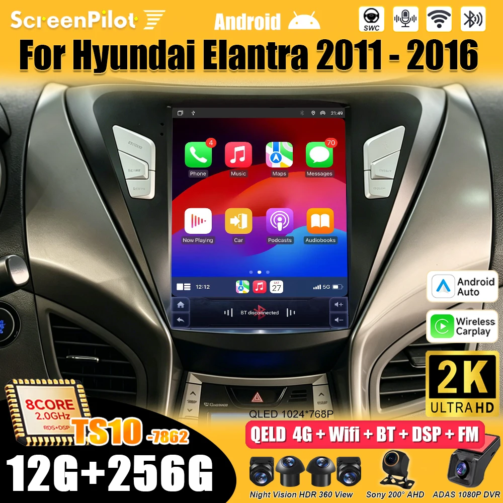 For Hyundai Elantra 2011 2012 2013 - 2016 Android 16 Multime Dia5 Video Player GPS Navigation Bluetooth Touch Screen 8 Core