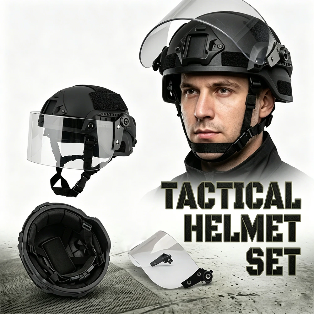 

Tactical Fast Helmet Set With PC Transparent Visor NVG Mount Side Rail Protective Helmet For Airsoft WarGames Outdoor Activities