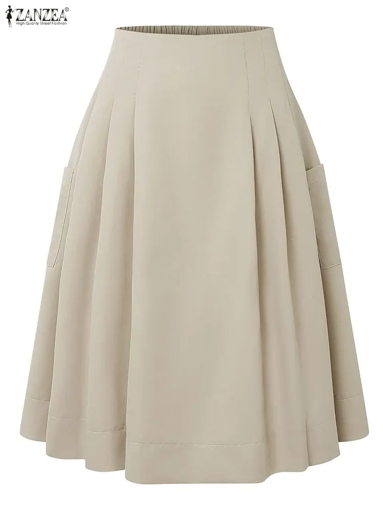 2025 ZANZEA Women Office Skirts Summer Elastic Waist Jupes Elegant A-line OL Work Faldas Saia Solid Pleated Knee Length Skirt