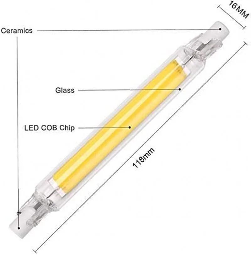 Lâmpada LED COB tubo de vidro, lâmpada de milho R7S, alta potência, substituir a luz halógena, AC 110V 220V, 78mm 118mm, J118, J78