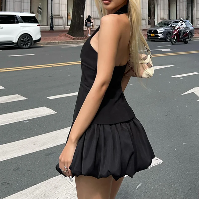 Candyhot 솔리드 백 레스 홀터넥 섹시한 민소매 Y2K 및 패션 셔링 미니 스커트 세트 봄 여름 파티 저녁 2 개 세트