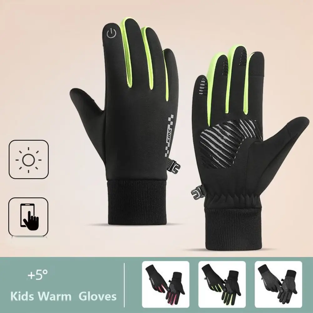 Guantes antideslizantes de invierno para niños, guantes de montar en bicicleta con pantalla táctil de dedo completo, guantes cálidos antideslizantes a prueba de alas frías