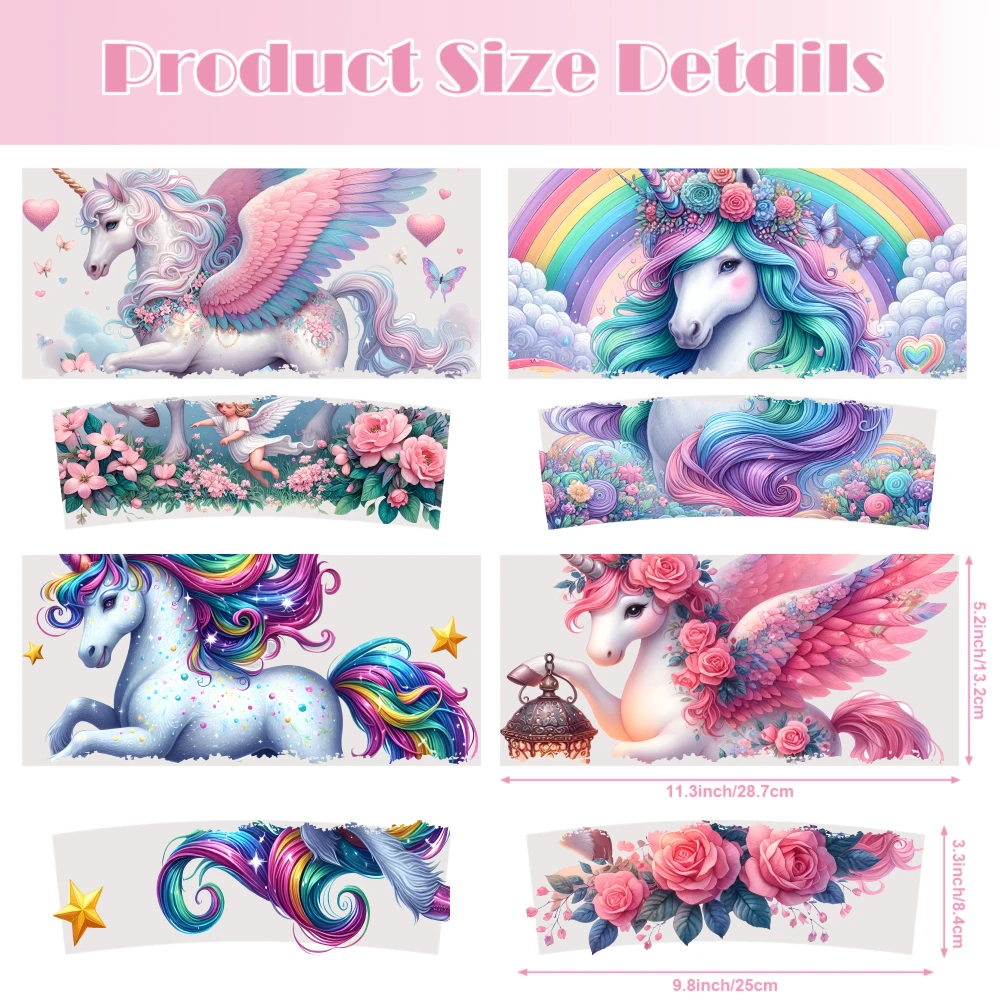 4 Sheets Unicorn Wings Roses Rainbow Stars Flowers Hearts Lamp UV DTF Stickers for 40oz Tumblers Decorative Vinyl Transfer