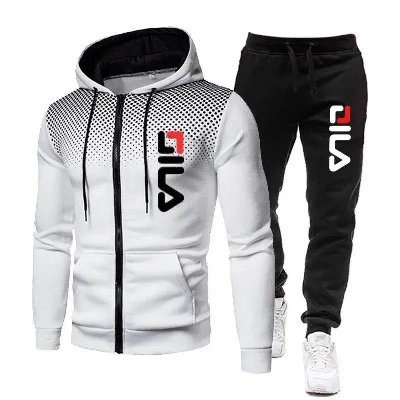 Men's hooded jacket and zippered sweatpants set, casual running and fashionable fitness set, two-piece set