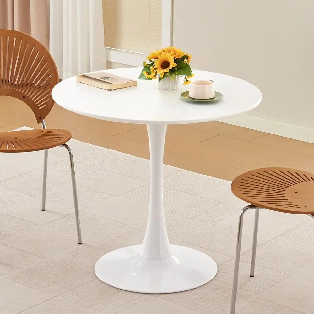 

31.5 Round Tulip Style Dining Table with Thick Tabletop and Metal Base, Suitable for Small Spaces, Living Room, White
