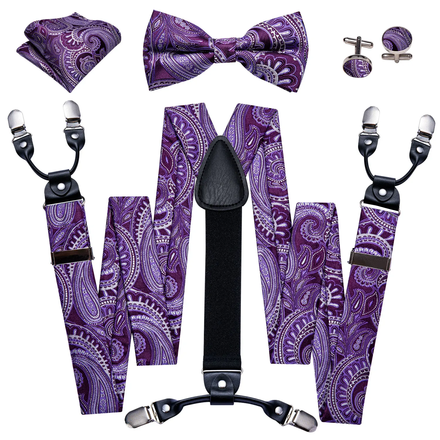 Blue Burgundy Red Mint Green Purple Ivory Mens Suspender Adjustable 6 Clips Braces Bowtie Hanky Cufflinks Set Barry.Wang