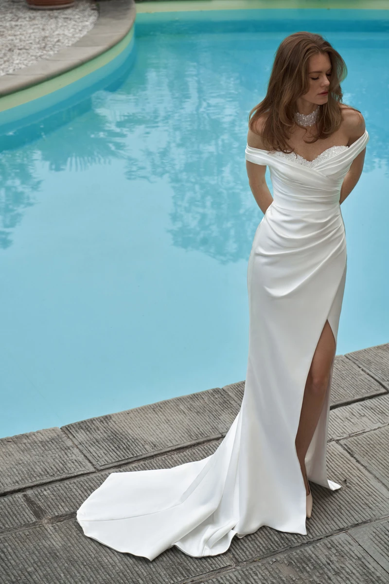 

Elegant Satin Wedding Dress 2024 Vestido de Novia Civil Side Slit A-Line For Women Customize To Measures Gorgeous Short Sleeves