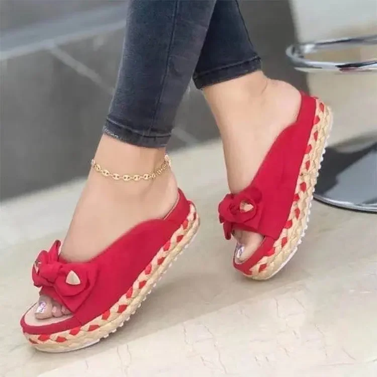 2022 Summer Women Slippers Casual Solid Color Bowknot Female Platform Slider Fashion Braided Straps Outdoor Lady Sandals