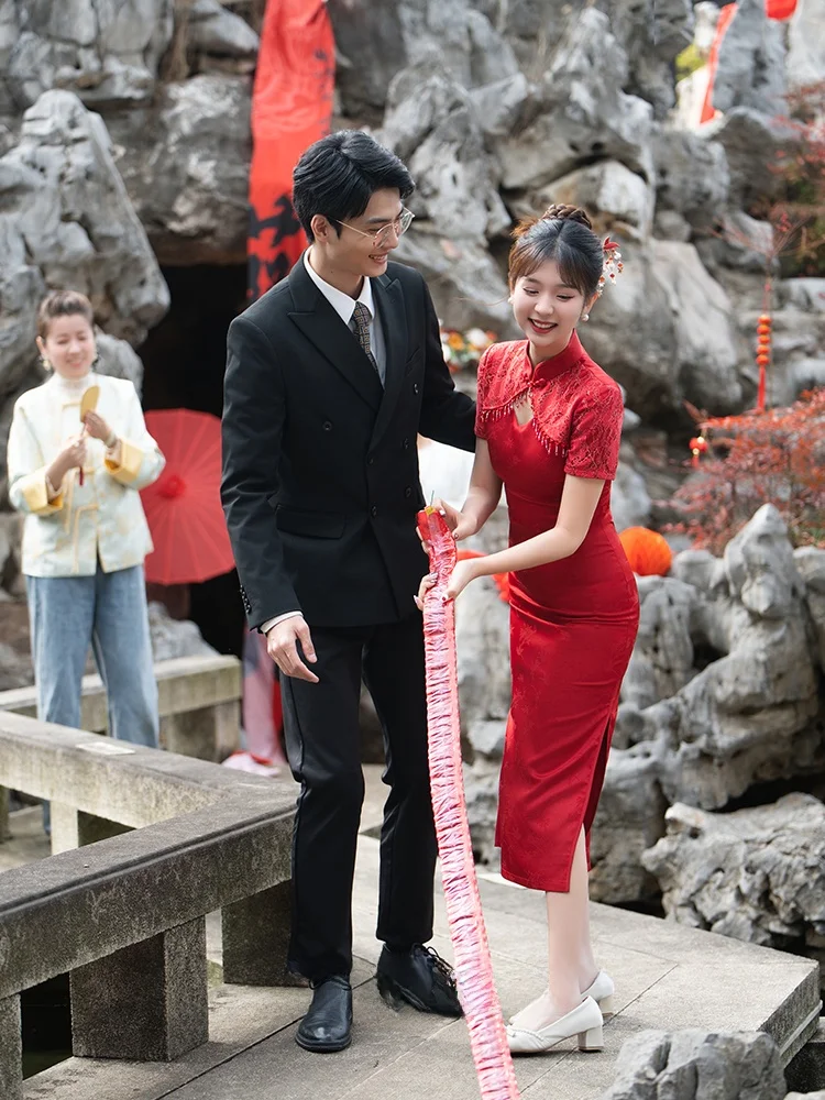 

Ele Red Qipao Wedding Dr New Chinese Sle Engagement Ceremony Dr Spring Summer Long Sve ort Sve свадебное платье