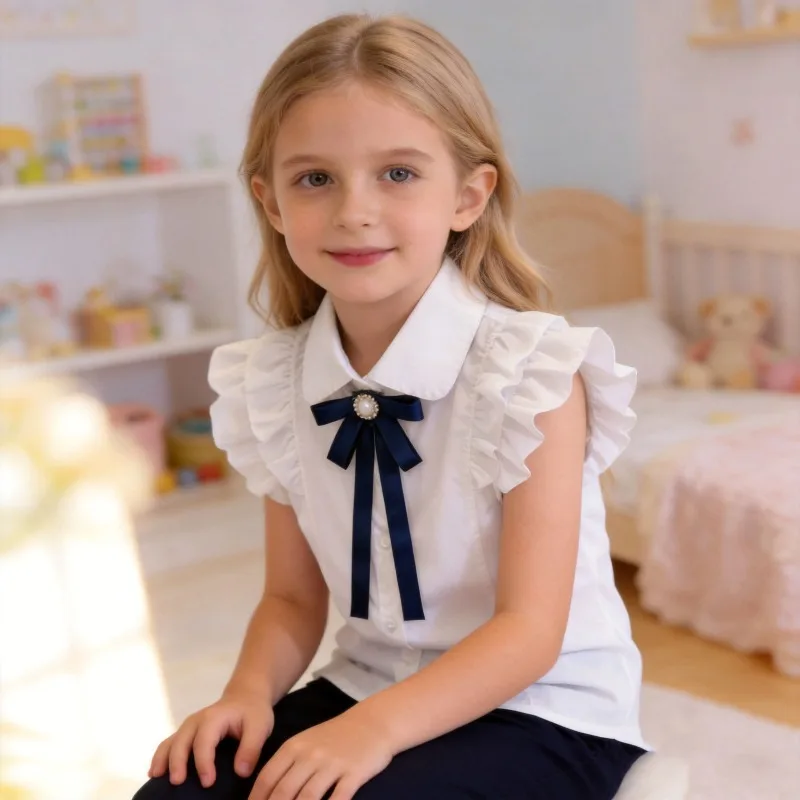 Girls Short-sleeve Shirts 2026 Summer Tops for Kids New Children's Student White Blouse Teenager School Uniform Clothing 3-14T