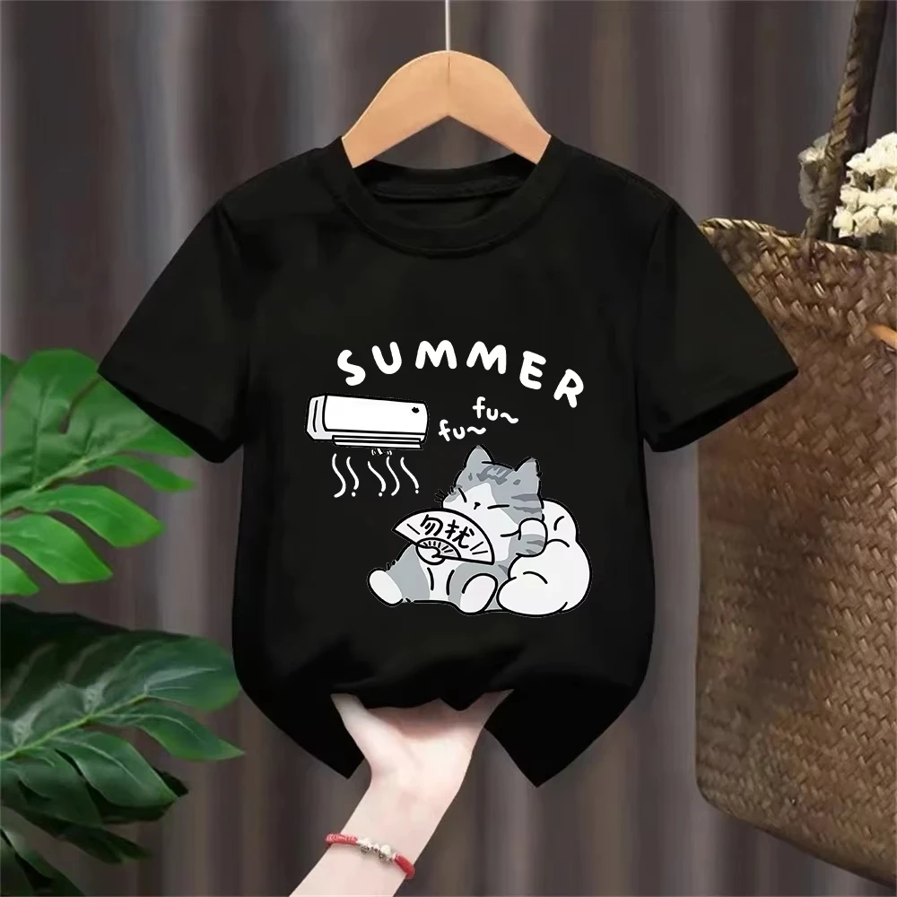 Summer Kids T-shirt Korean Casual Style Kitten Blowing Fan Print Summer Fashion T-shirt Suitable for Both Boys Girls Tops
