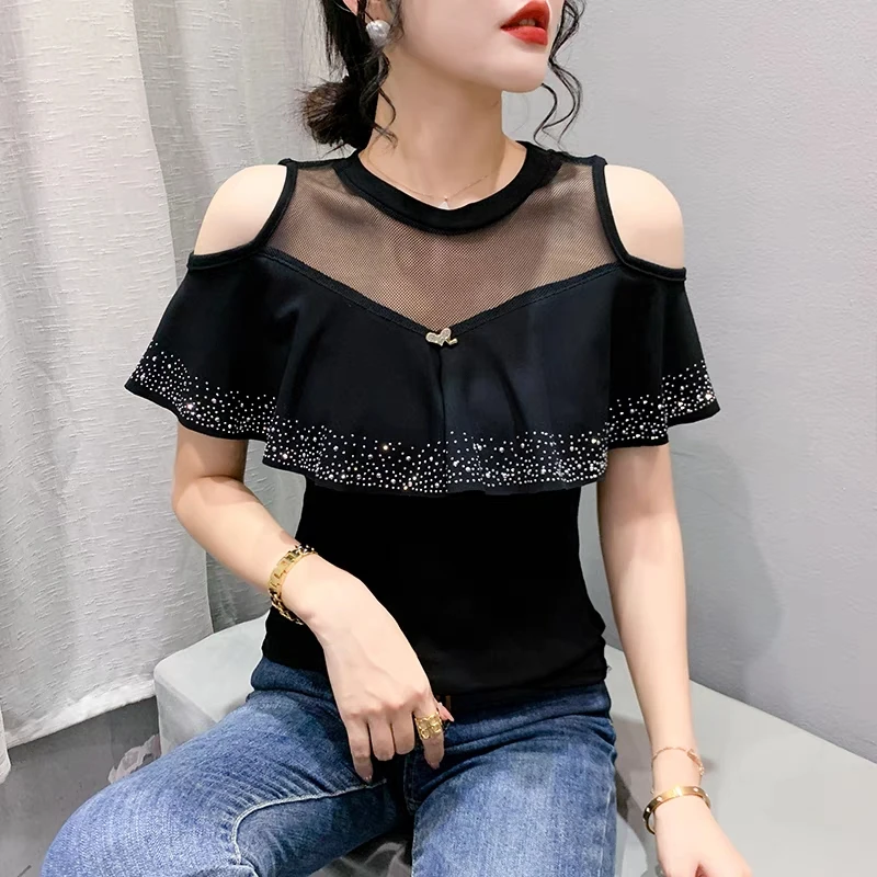 New Summer Chic Hollow Out Short Sleeved Women\'s T-Shirt Fashion O-Neck Hot Diamond Ruffles Tees High Elastic Cotton Tops Blouse