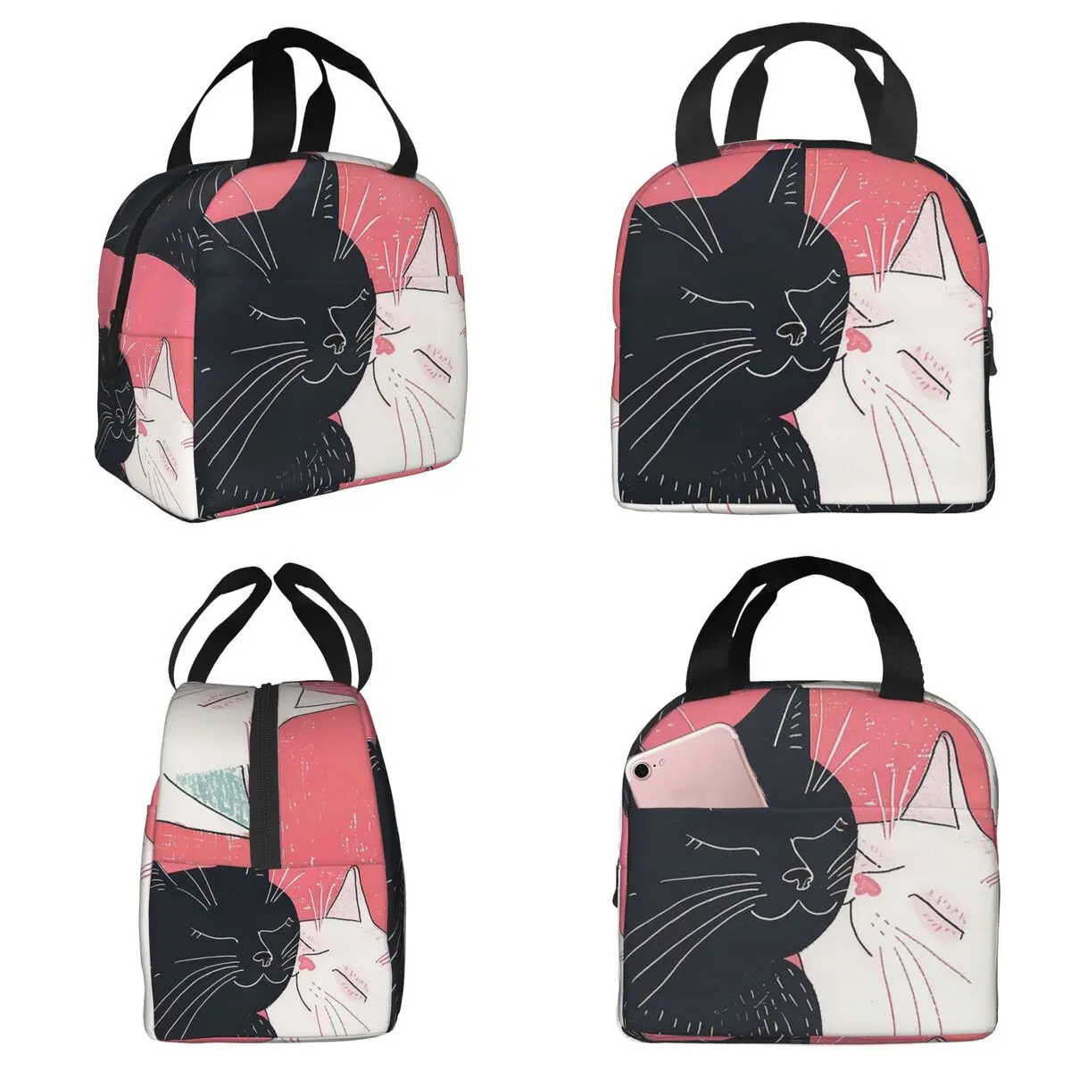 Cartoon Black White Cat Print Insulated Lunch Bag for Women Office Cooler Thermal Food Box Tote Leakproof Lunch Boxes Container