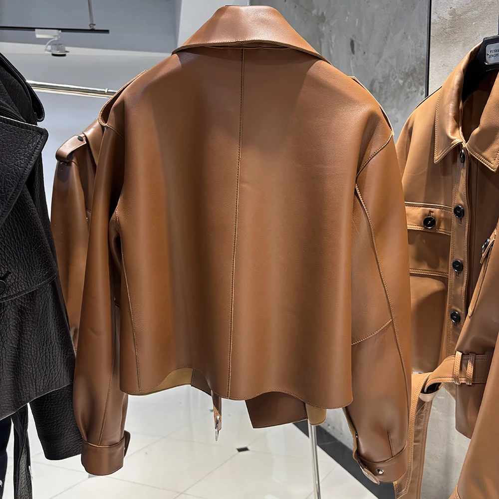YOLOAgain 2025 Spring Dark Brown Oversized Leather Jacket Women Real Leather Jacket Female Overcoat