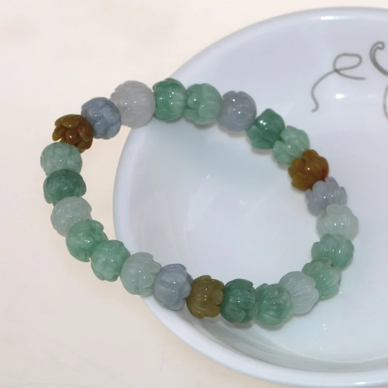 Myanmar Ice Glutinous Three-Color Jade Lotus Bracelet