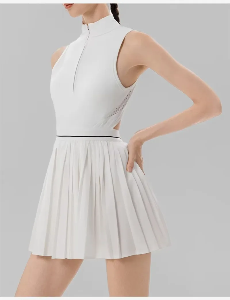 Damen-Tenniskleid mit Reißverschluss, Polokragen, integriertem BH und kurzen Ärmeln, atmungsaktives, ärmelloses Golf- und Sportkleid, schnelltrocknend, dehnbar, ideal für sportliche Aktivitäten. – Detail 10