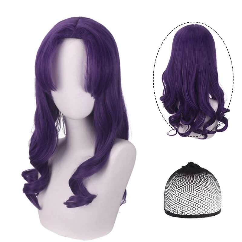 Katsuragi Misato Cosplay Wig Dark Purple Long Curly Middle Part Wavy Synthetic Hair for Halloween Party +Free Wig Cap