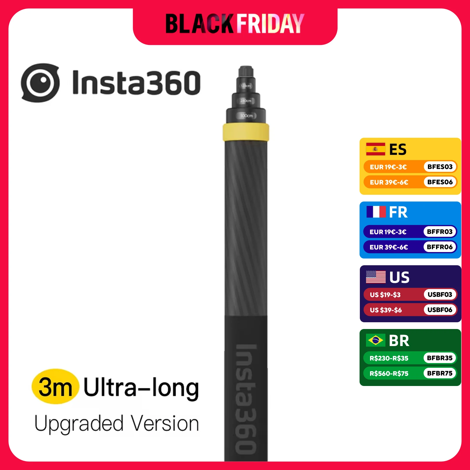 Insta360 X4 3m Selfie Stick for Insta 360 X3 / ONE X2 Accessories Ultra-long Extended Edition Carbon Fiber Selfie Stick