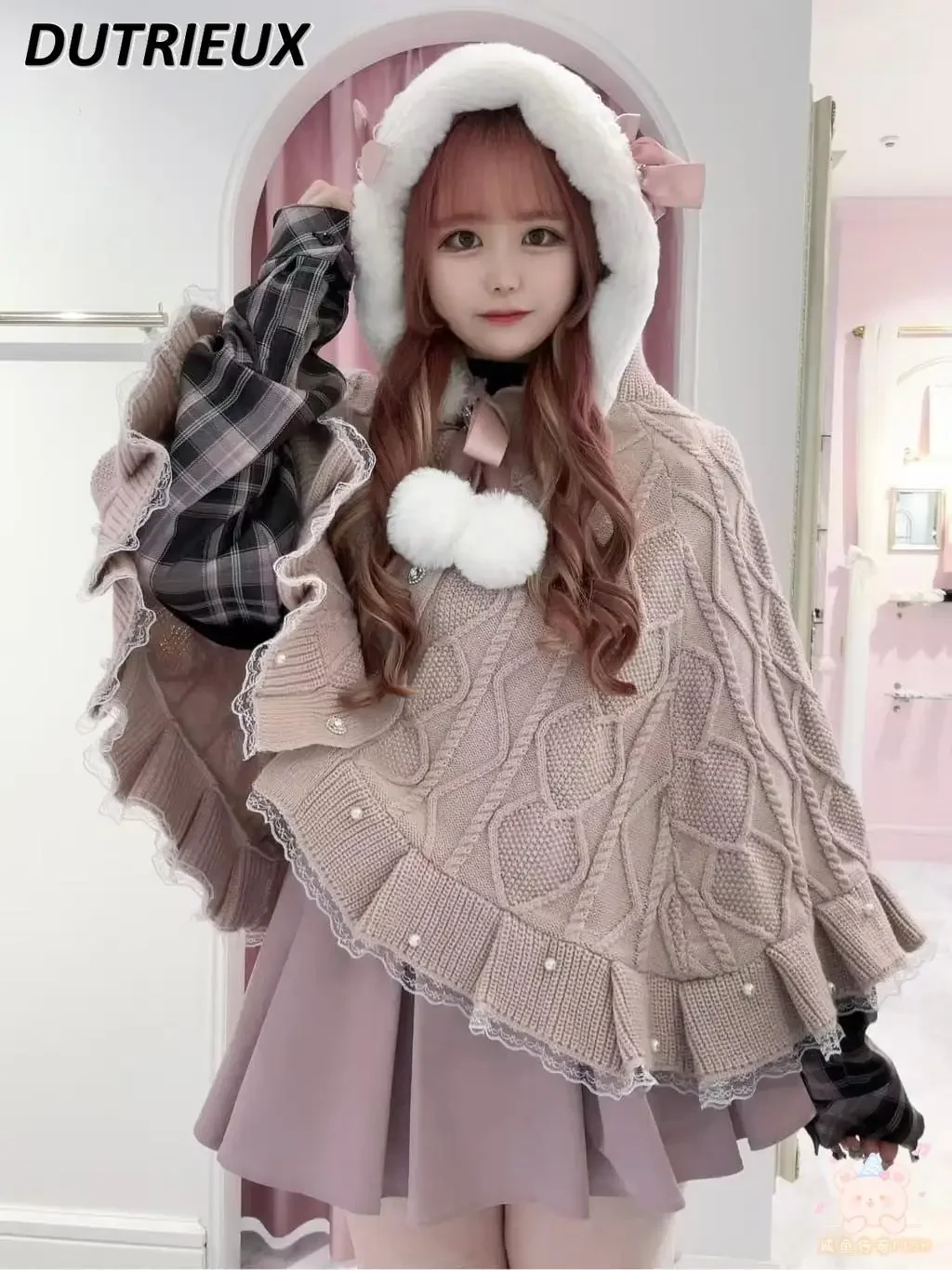 Suéter solto casual cardigan japonês produzido em massa estilo lolita casacos femininos doce fofo orelhas de urso bola de cabelo capa de malha xale