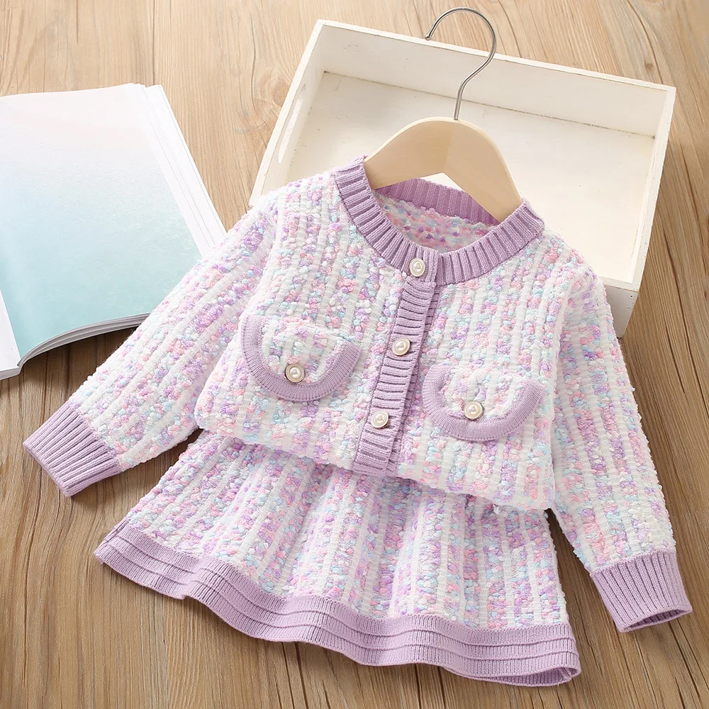 MILANCEL Girls' Sweater Coat Set Spring Autumn Trendy Children's Knitted Clothes Set Contrast Color Cardigan and Skirt 2Pcs image 4