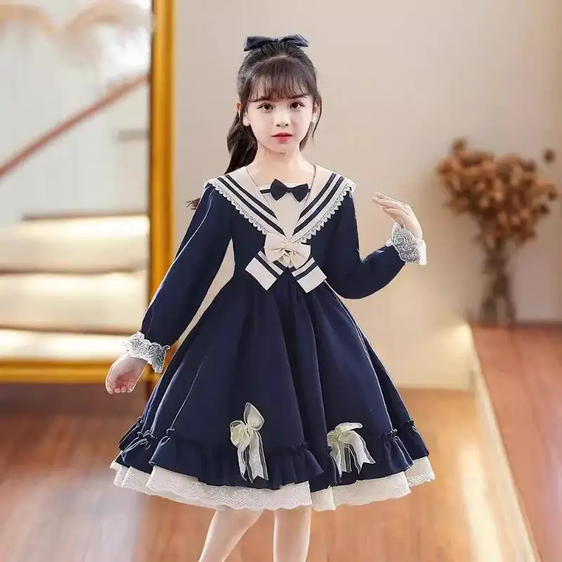 

Kawaii Girl Fashion Lolita Dress Student Autumn and Winter Casual Cartoon Navy Leader Tops Princess Dress Children's Clothing