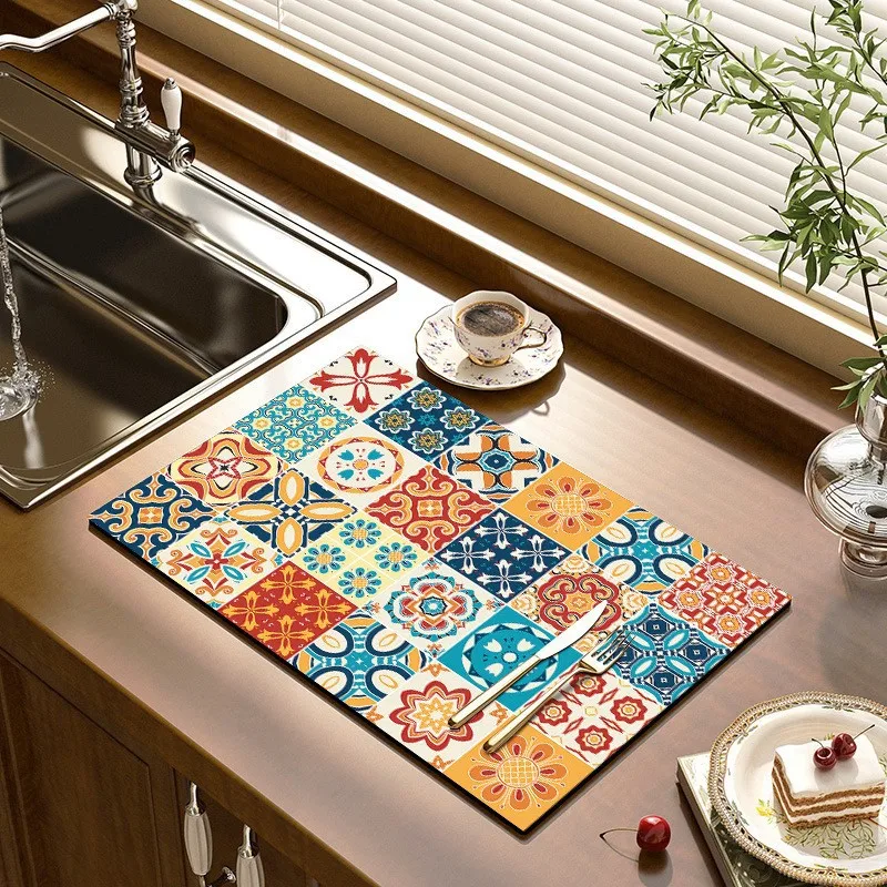 Kitchen Drain Pad Absorbent Tableware Drying Coaster Dinnerware Cup Drainer Mat Insulation Pad Placemat Coffee Table Decor