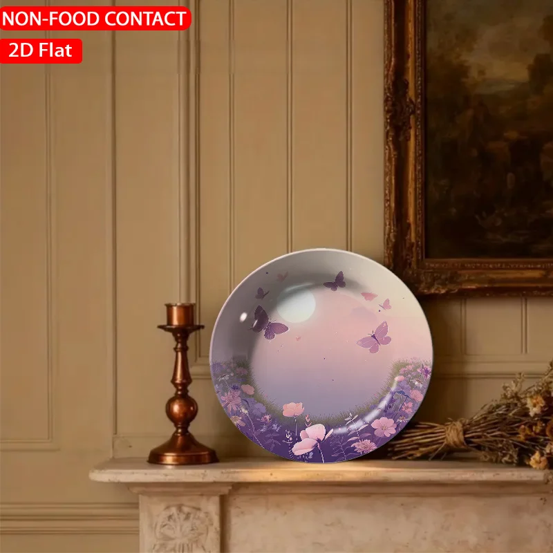 1pc Fairy Tale Floral Butterflies Lavender Ceramic Plate Non-food Contact, Home Desk Ornaments, Living Room and Bedroom