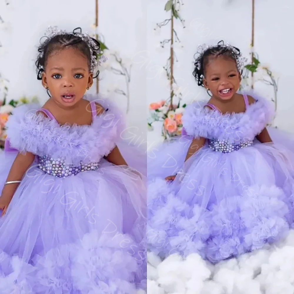 Abito da ragazza di fiori per bambini per matrimonio con spalle scoperte e perline, abito da principessa in tulle a strati, abito da festa di compleanno personalizzato