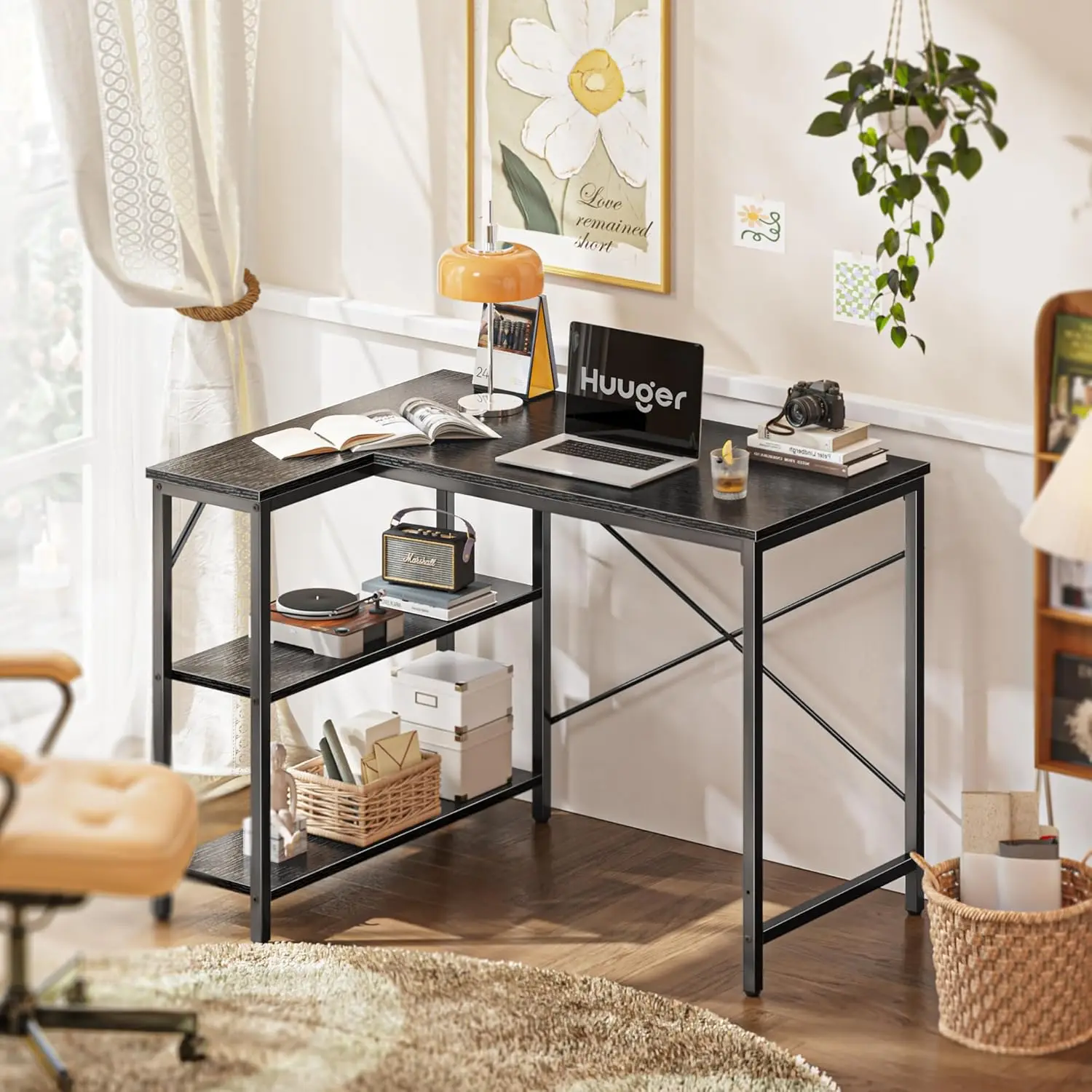 L Shaped Desk, 39 Inches Computer Desk with Reversible Storage Shelves, Gaming Desk, Corner Desk Home Office Desks, Black