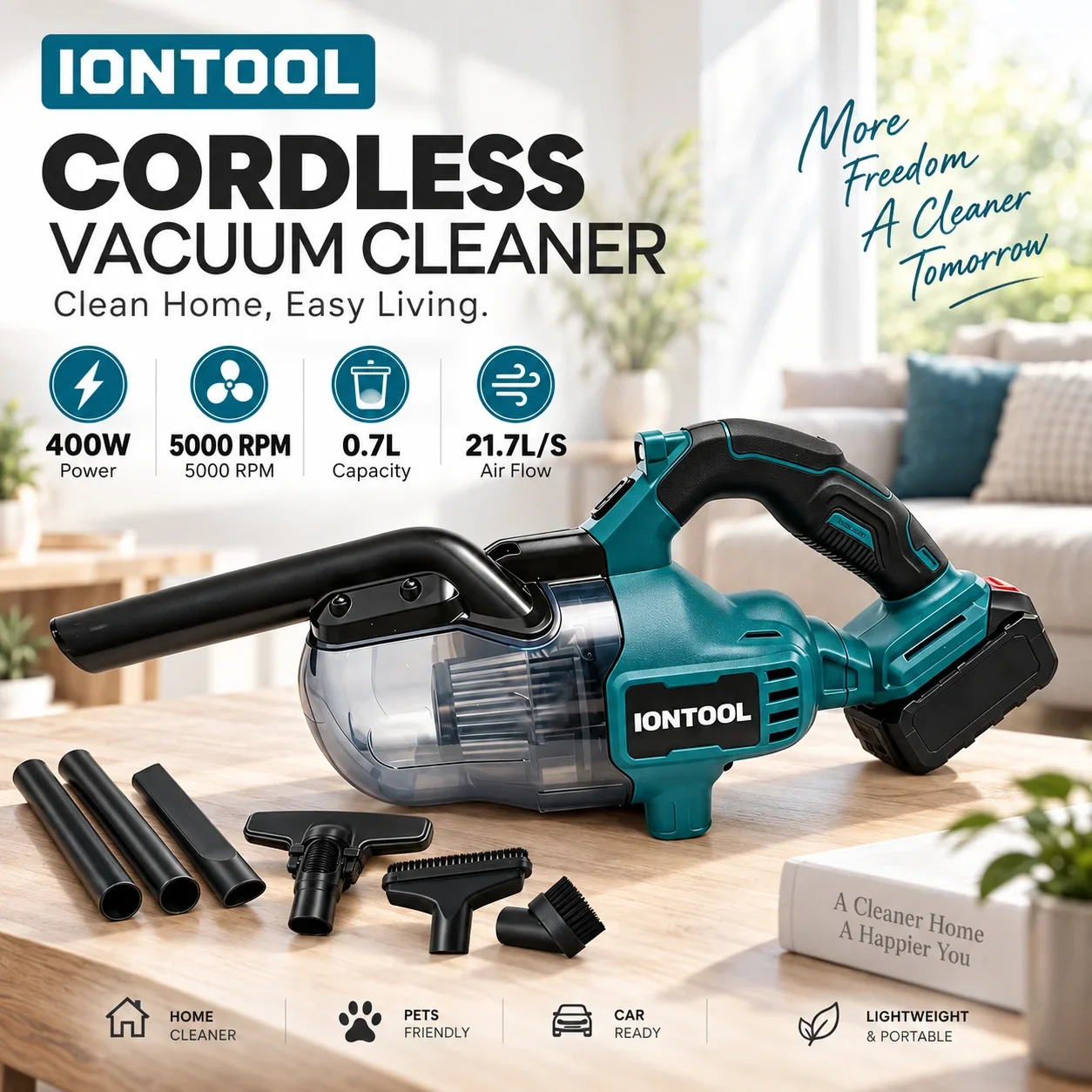 IONTOOL Portable Brushless Cordless Vacuum 120W For Window Track Cleaning and Curtain Dusting and Stair Edge Debris Removal