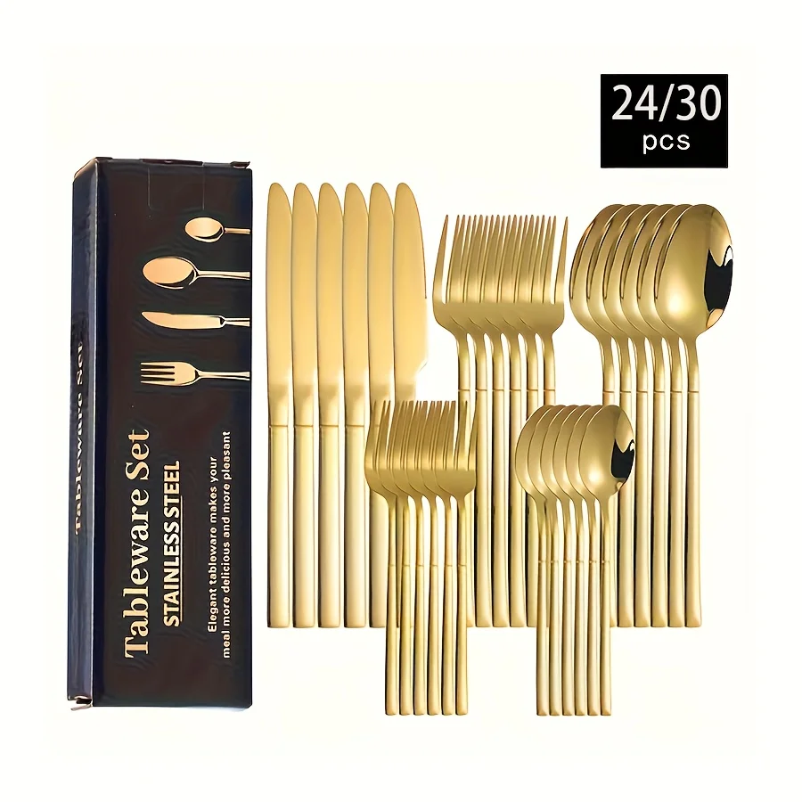 30/24-Piece Gold Stainless Steel Knight Cutlery Set for 6 People, Suitable for Family, Weddings, Reusable, Includes Knife, Fork